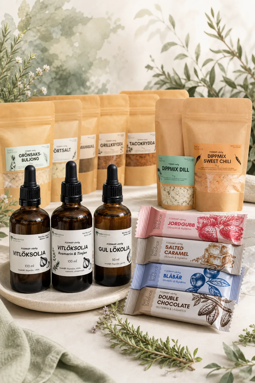 Magvänliga produkter från Belly Balance - oljor, bars, kryddor och buljong