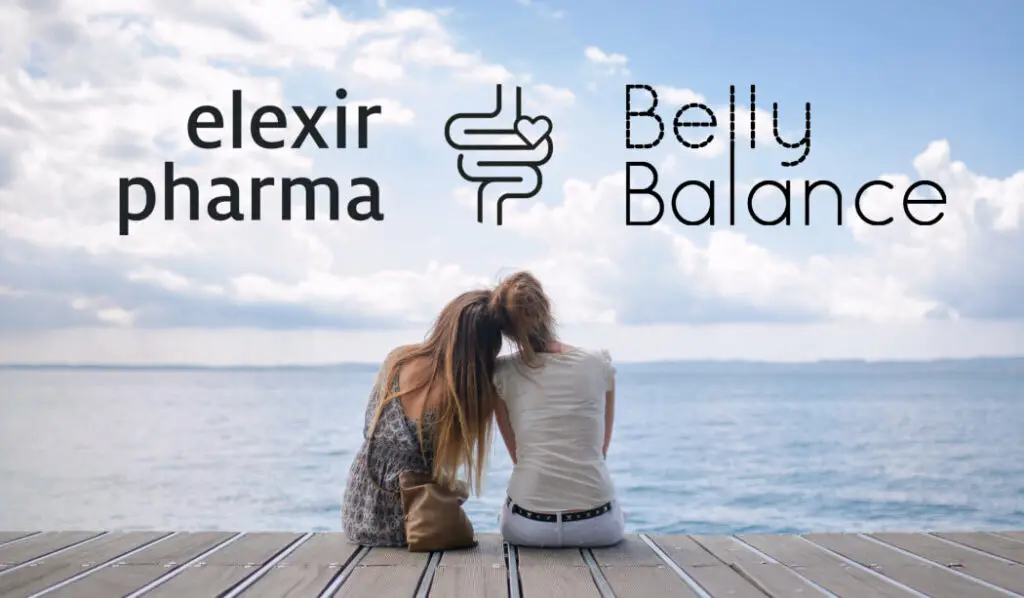 En glad mage i fokus Bild på två personer som sitter på en brygga över vattnet med texten elexir pharma och belly balance