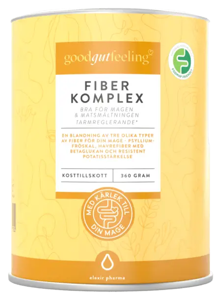 En glad mage i fokus Fiber komplex i gul burk från Good gut feeling