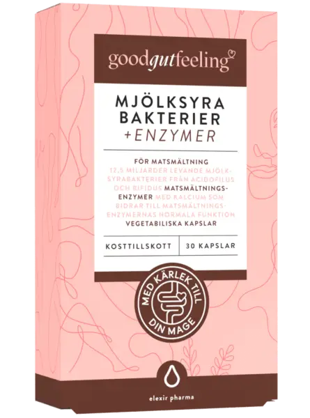 En glad mage i fokus Mjölksyrabakterier + enzymer i förpackning från Good Gut Feeling