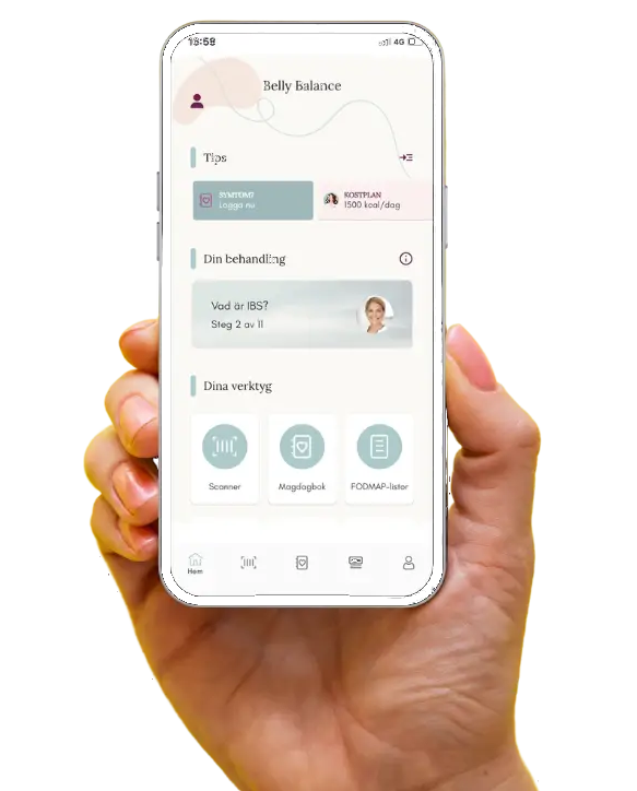 Hand som håller en mobil med Belly Balance-appen